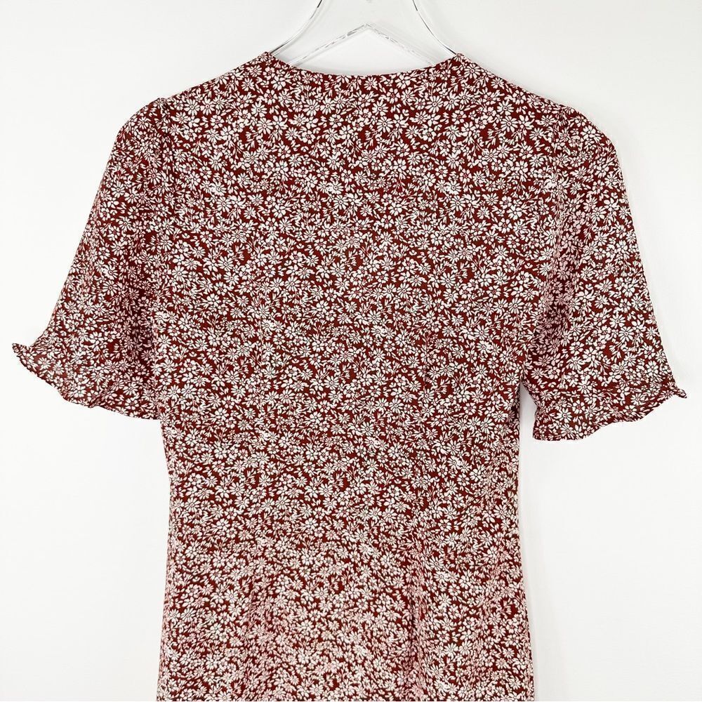 Montreal Rust Colored Patterned Button Up Ruffle‎ Short Sleeve Peasant Dress - Picture 12 of 14